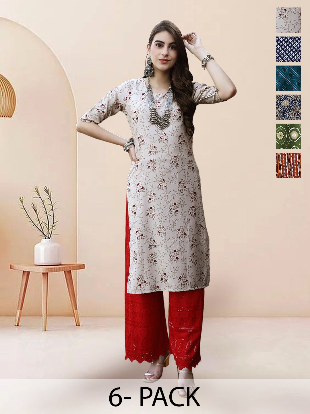 

7Threads Selection of 6 Floral Printed Round Neck Straight Kurtas, White