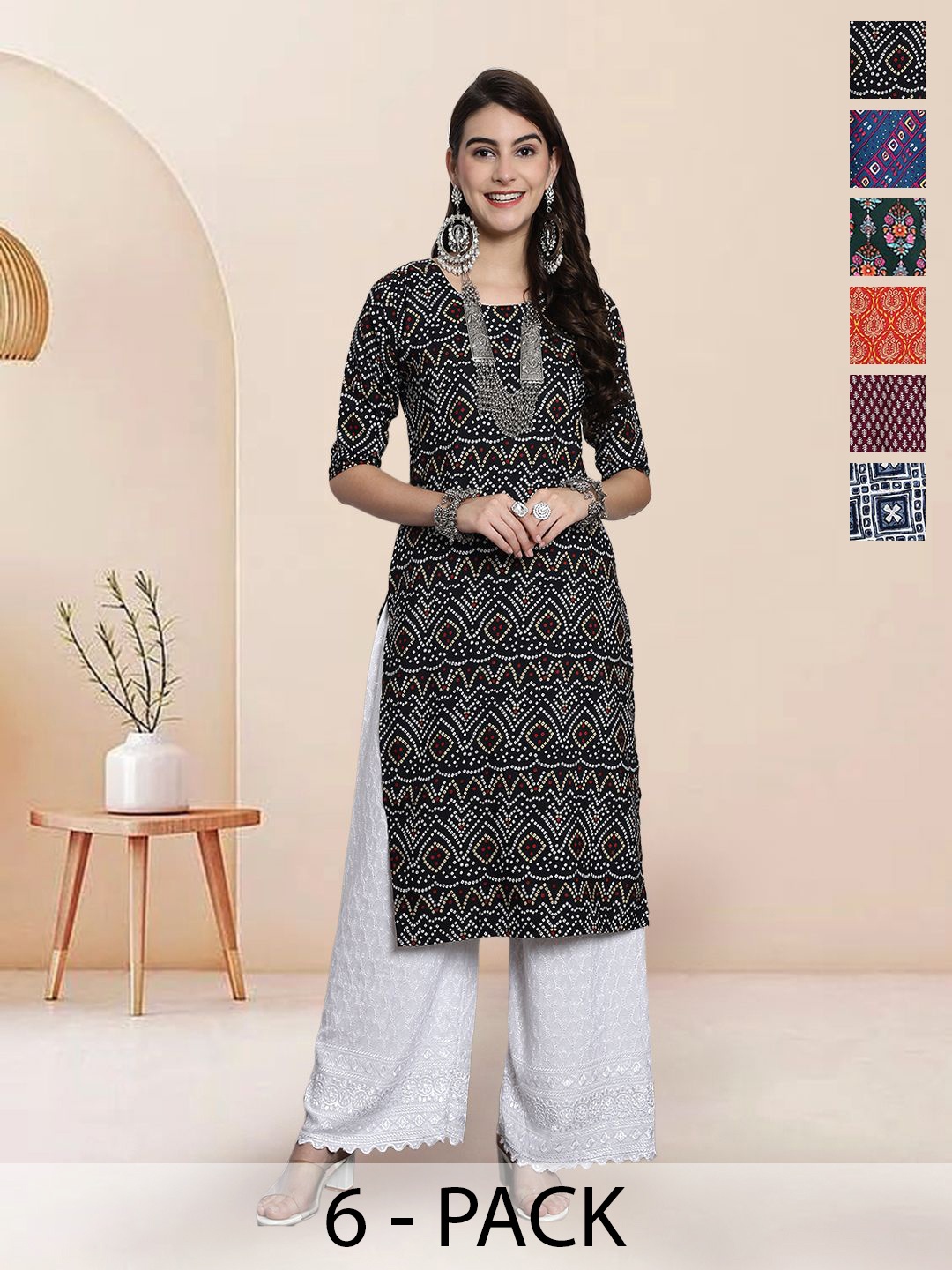 

7Threads Selection Of 6 Bandhani Printed Round Neck Straight Kurtas, Black
