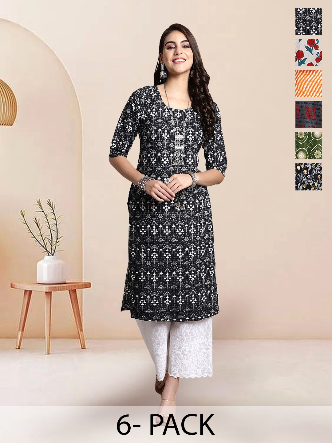 

7Threads Selection of 6 Floral Printed Round Neck Straight Kurtas, Black