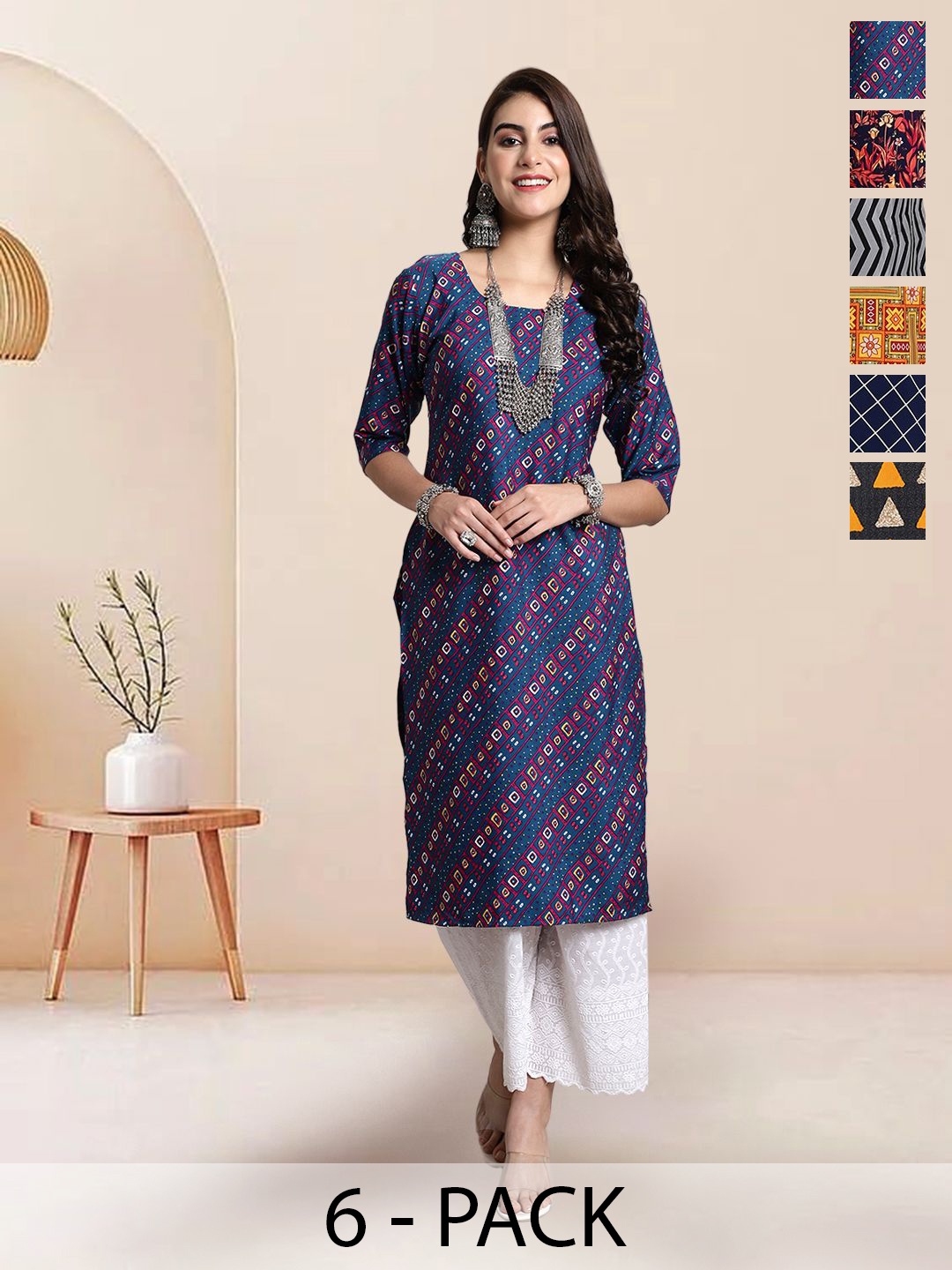 

7Threads Selection of 6 Ethnic Motifs Printed Round Neck Straight Kurtas, Blue