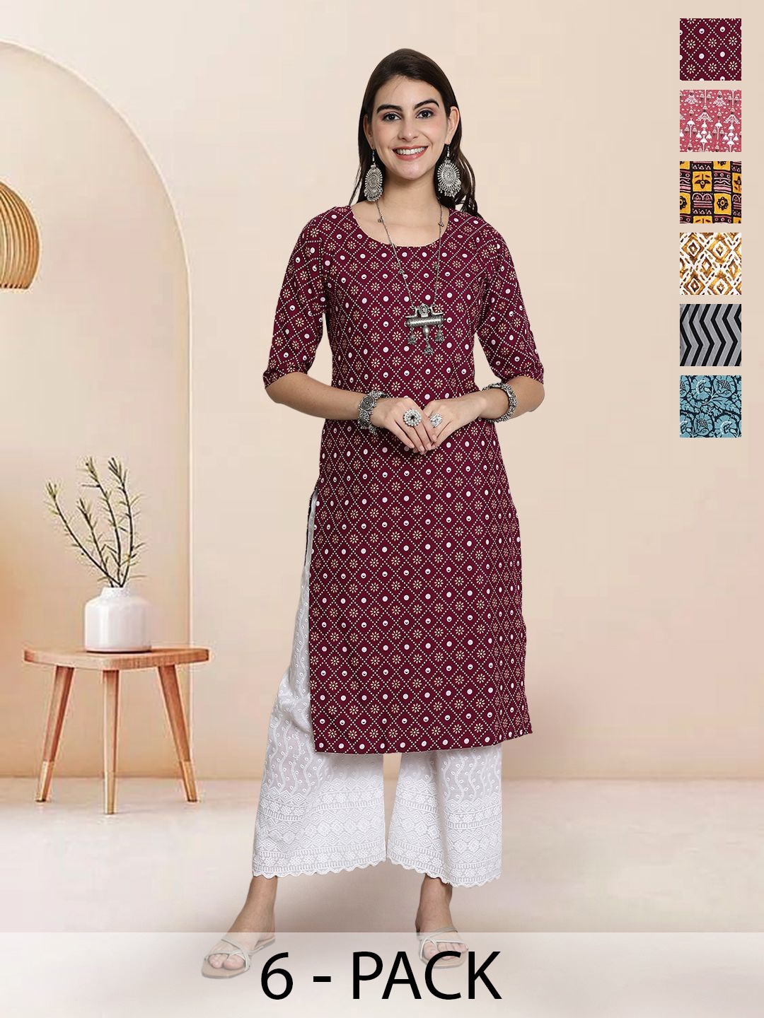 

7Threads Selection Of 6 Ethnic Motifs Printed Round-Neck Kurta, Red