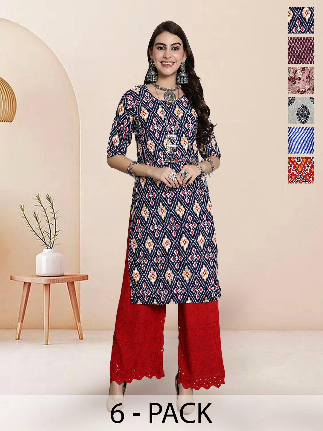 

7Threads Selection Of 6 Geometric Printed Round Neck Straight Kurtas, Navy blue