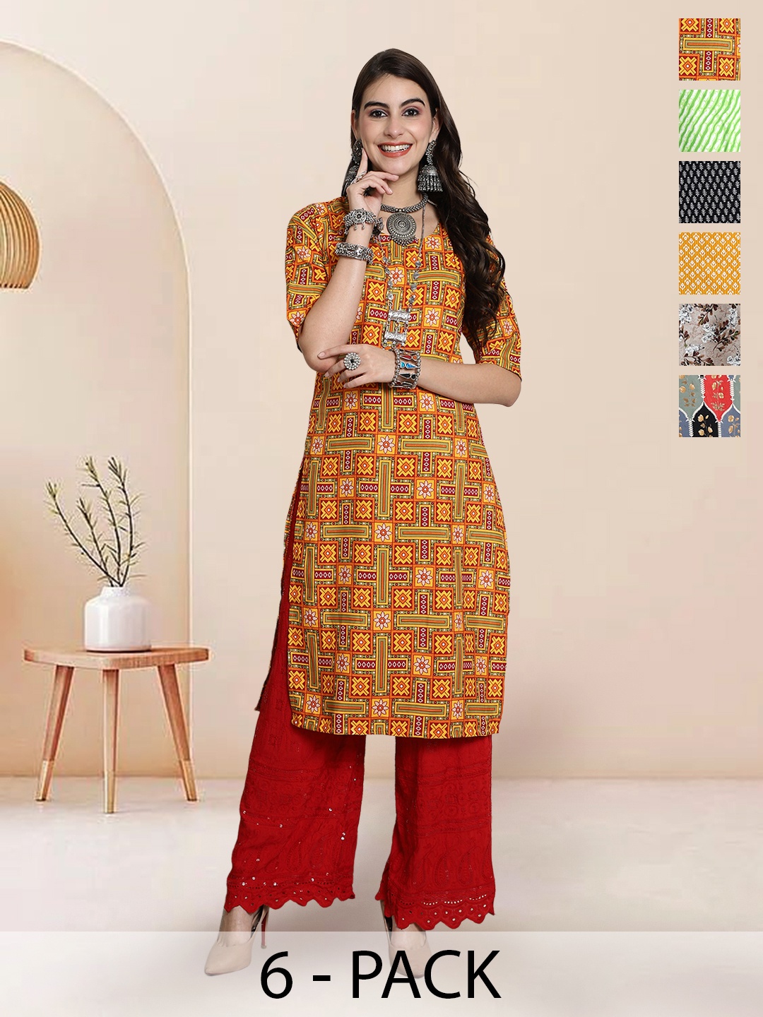 

7Threads Selection of 6 Leheriya Printed Round Neck Straight Kurtas, Green