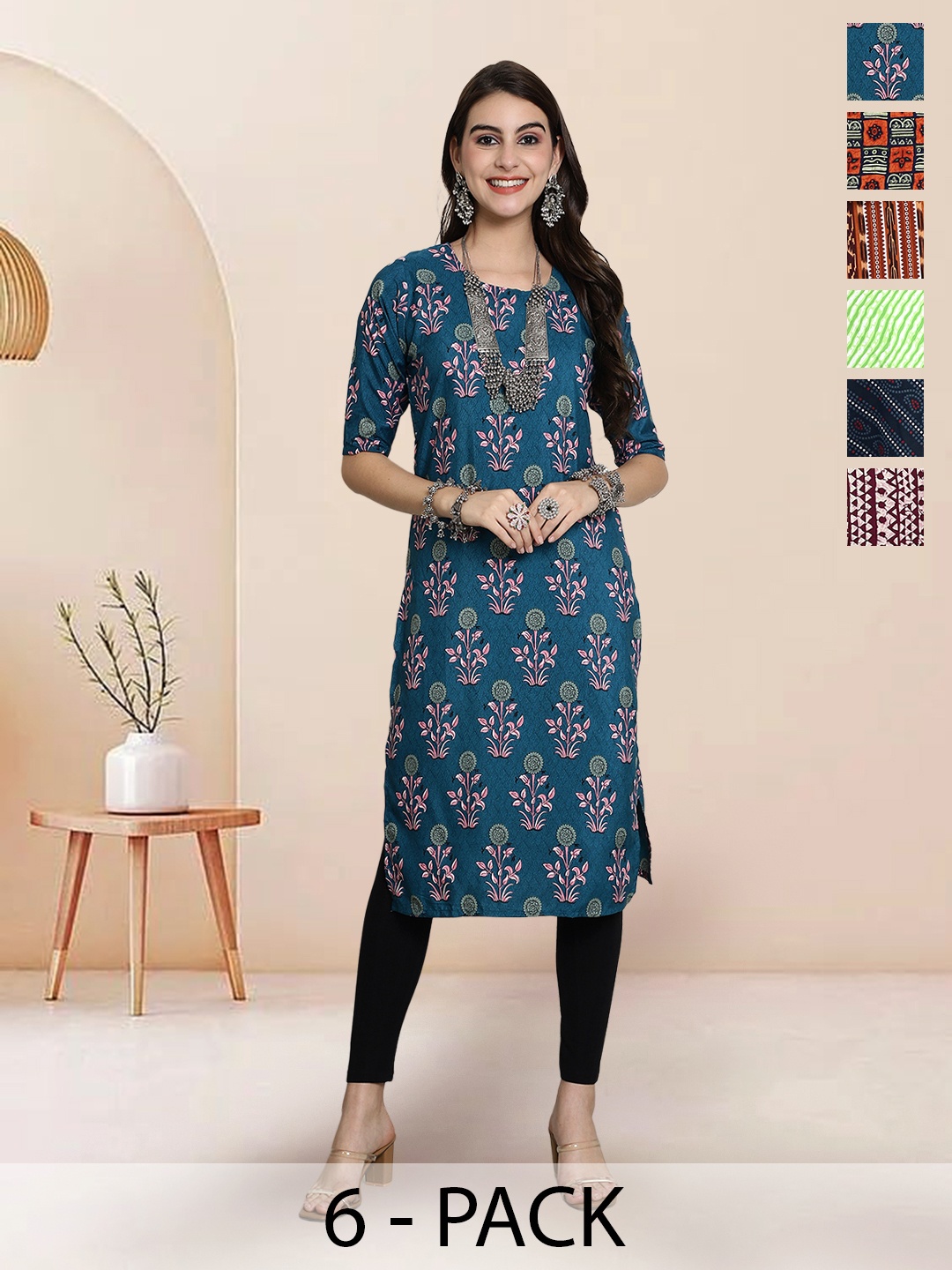 

7Threads Selection Of 6 Checked Printed Round Neck Straight Kurtas, Navy blue