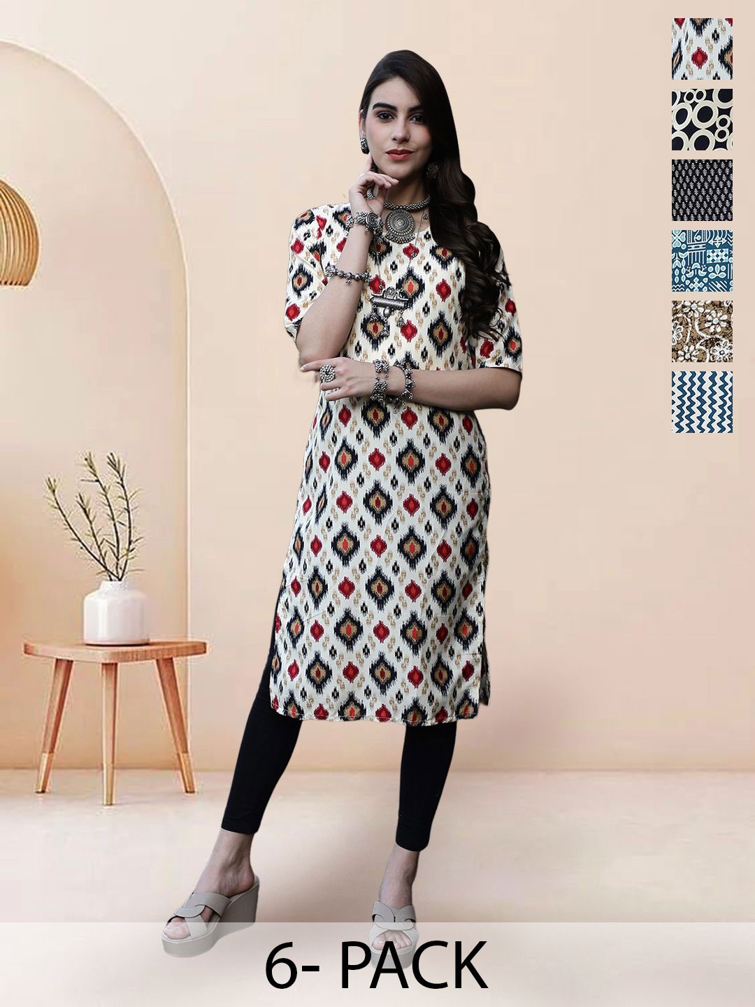 

7Threads Selection of 6 Geometric Printed Round Neck Straight Kurtas, White