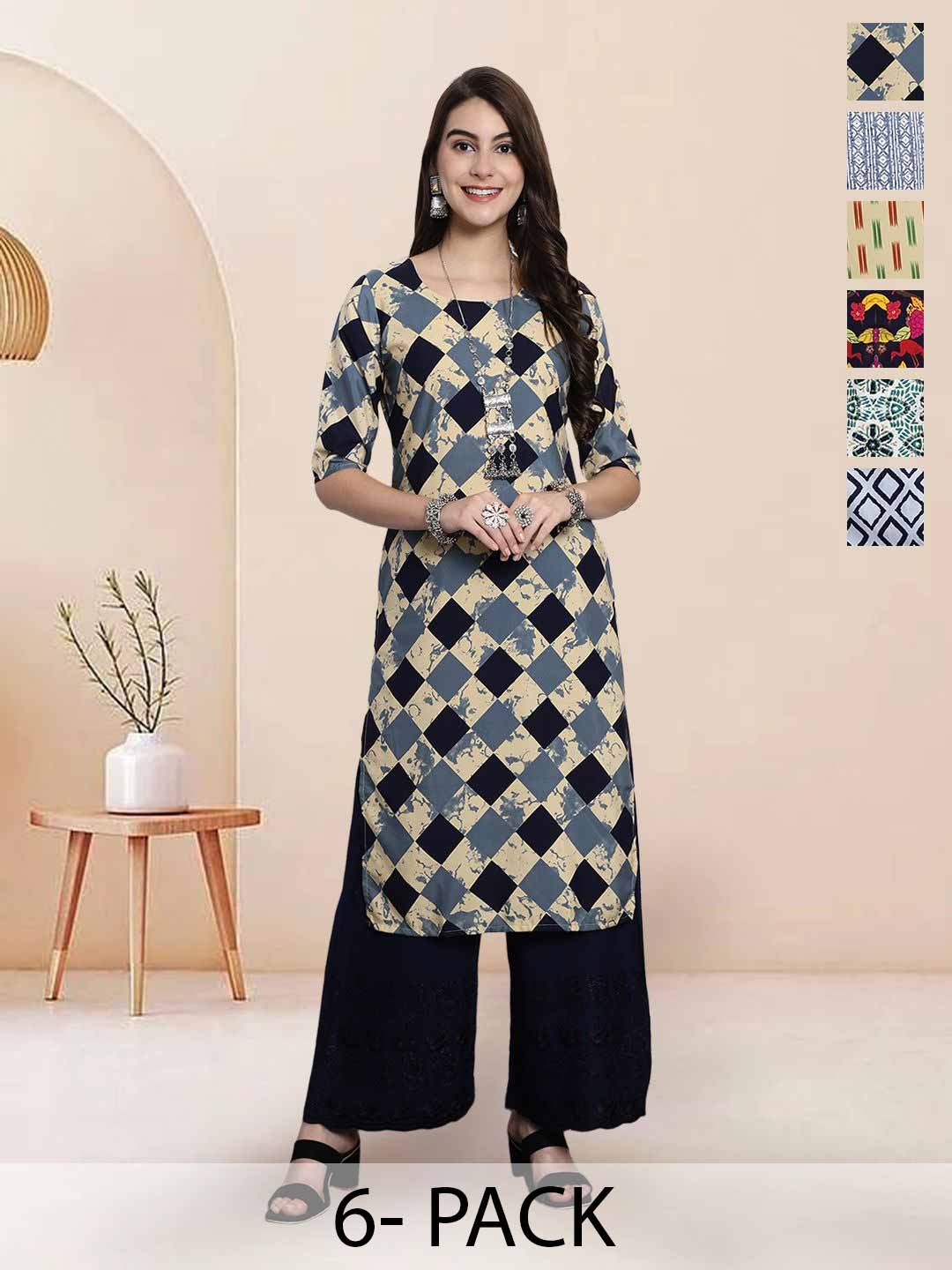 

7Threads Selection Of 6 Geometric Printed Round-Neck Kurta, Black