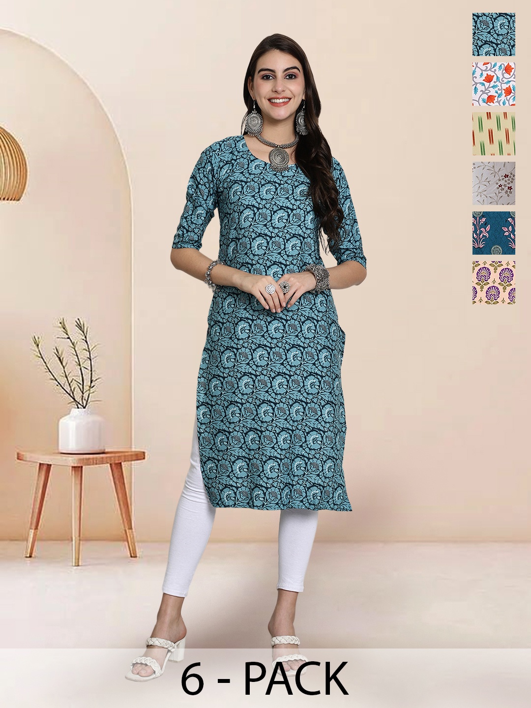 

7Threads Selection of 6 Floral Printed Round Neck Straight Kurtas, Blue