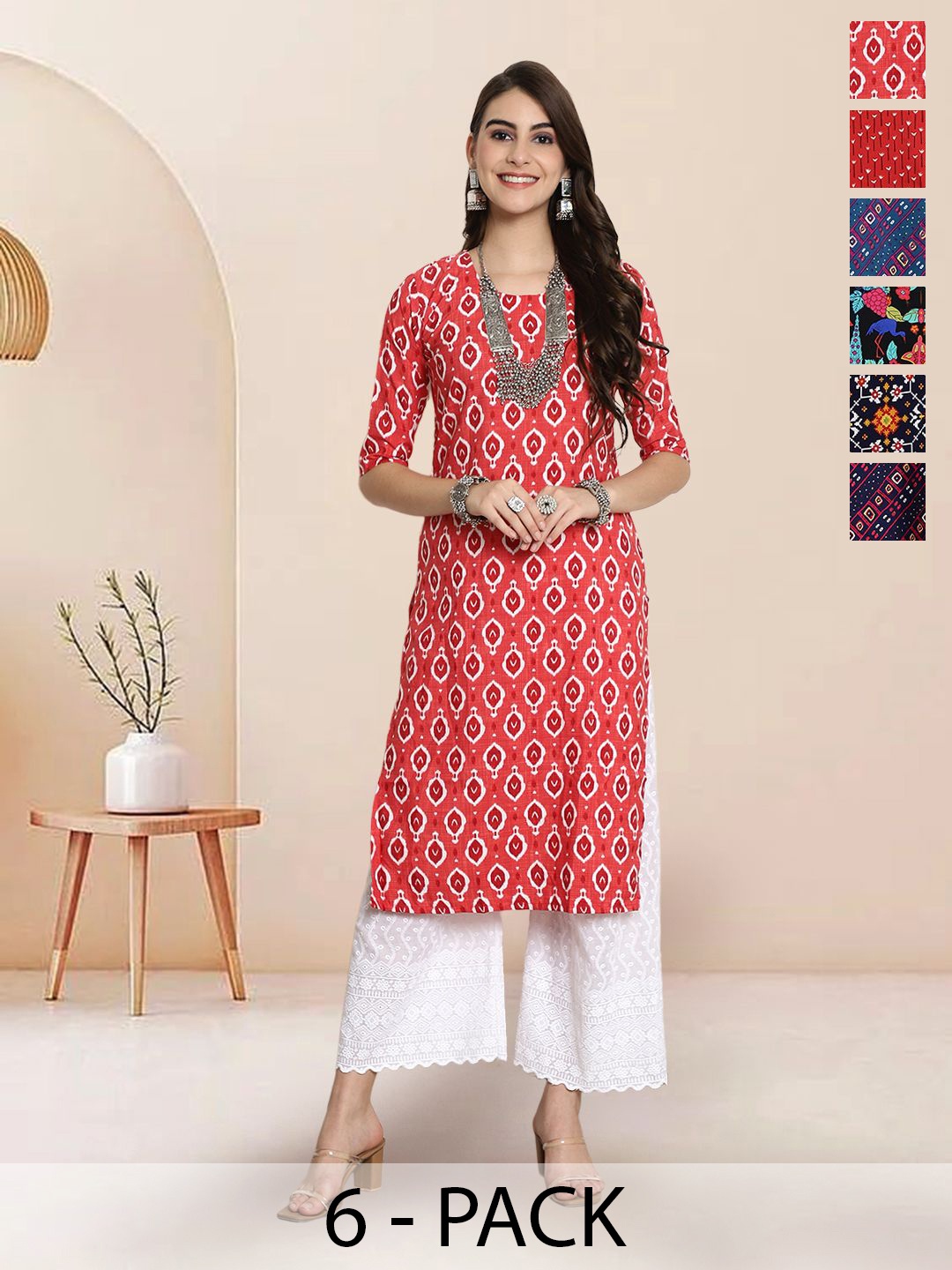 

7Threads Selection of 6 Ethnic Motifs Printed Round Neck Straight Kurtas, Red