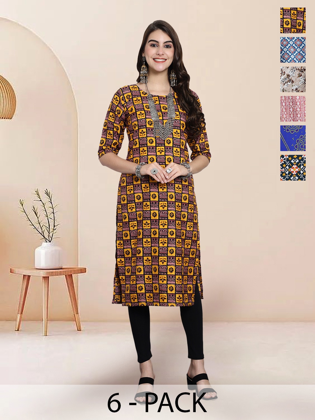 

7Threads Selection Of 6 Geometric Printed Straight Kurtas, Red