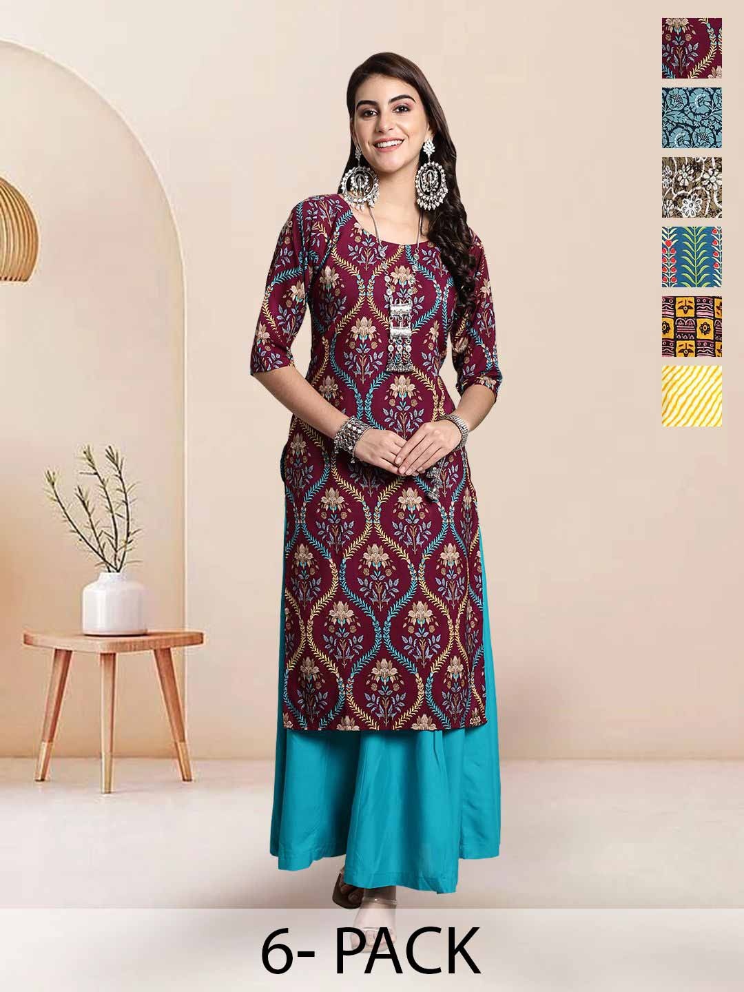 

7Threads Selection Of 6 Floral Printed Straight Kurtas, Maroon