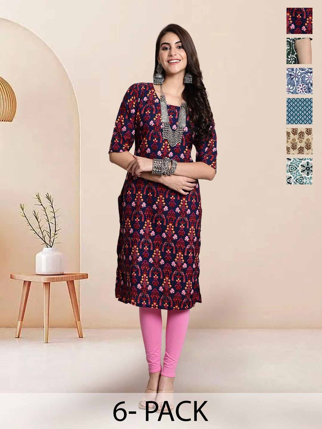 

7Threads Selection Of 6 Floral Printed Round Neck Straight Kurtas, Navy blue
