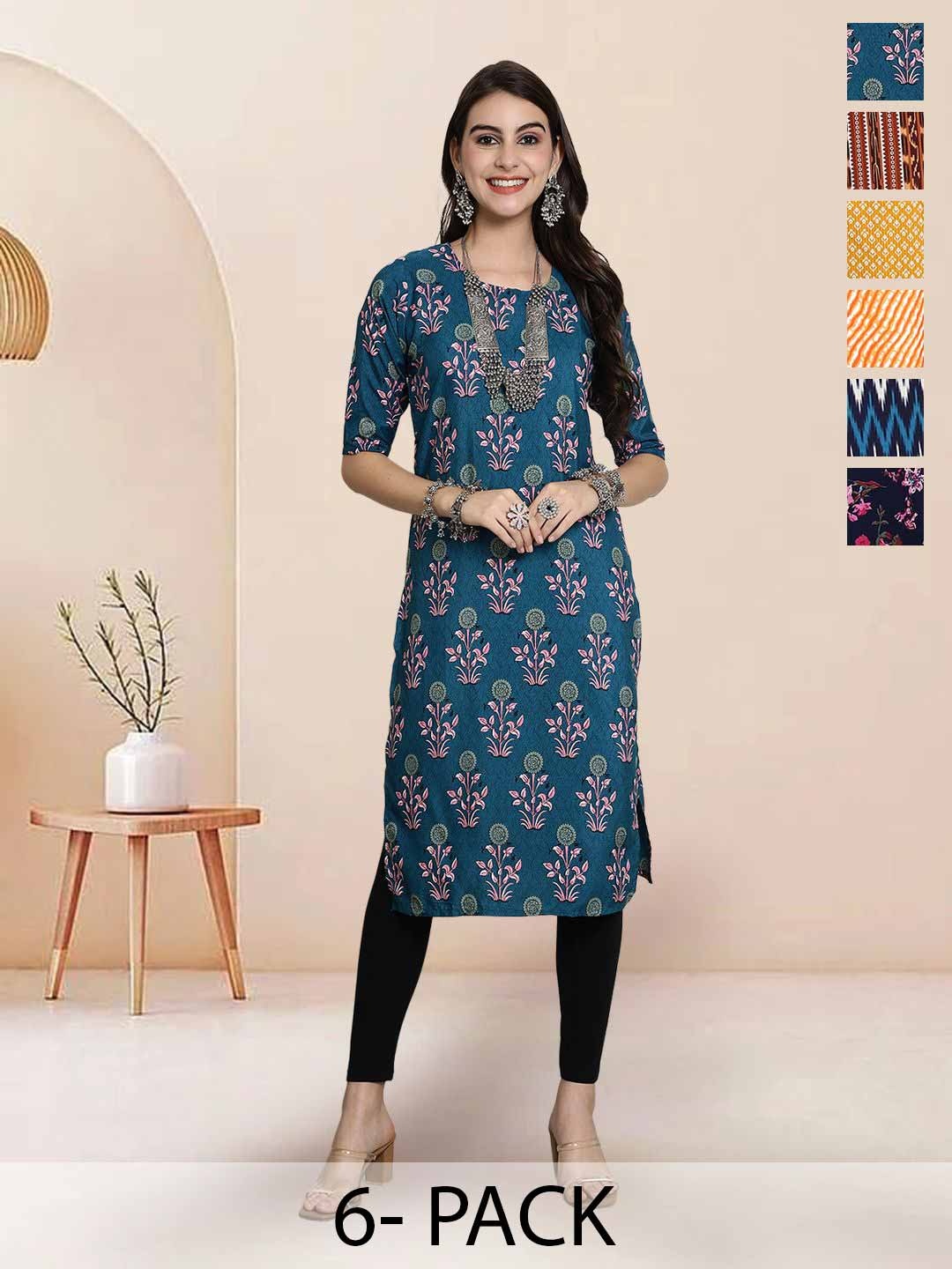 

7Threads Selection Of 6 Floral Printed Round Neck Straight Kurtas, Turquoise blue