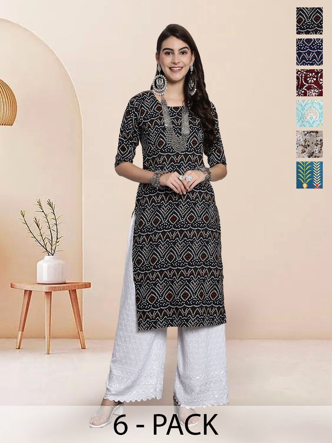 

7Threads Selection Of 6 Bandhani Printed Round Neck Straight Kurtas, Black