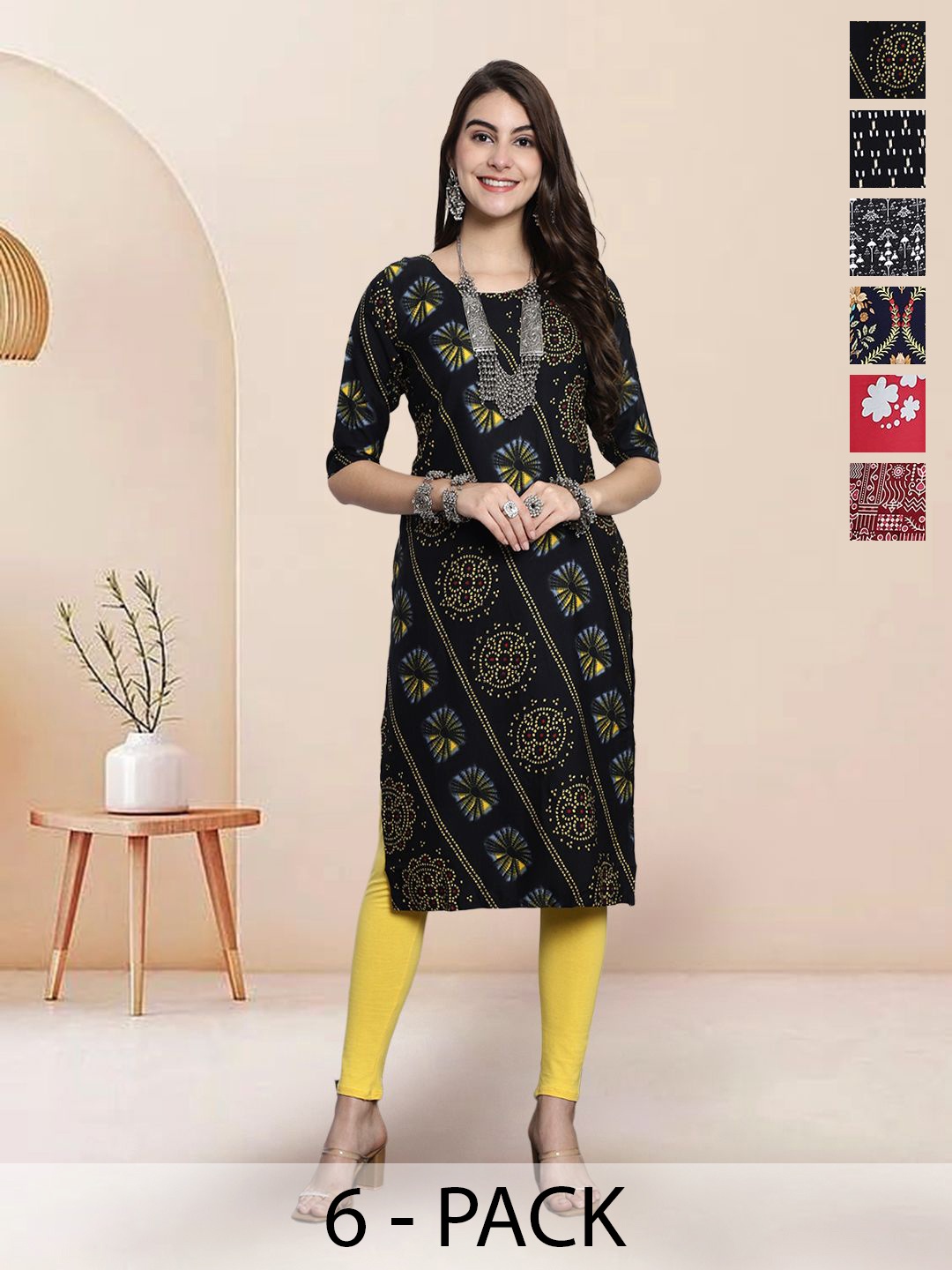 

7Threads Selection Of 6 Bandhani Printed Round Neck Straight Kurtas, Black