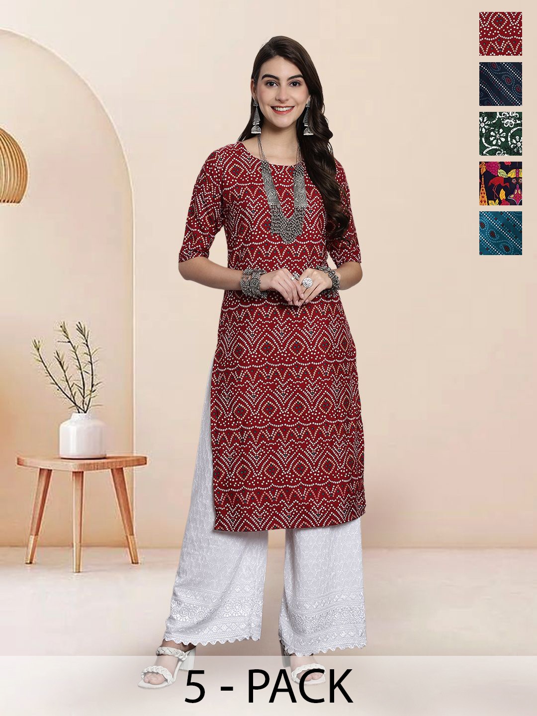 

7Threads Selection Of 6 Ethnic Motifs Printed Round Neck Straight Kurtas, Maroon