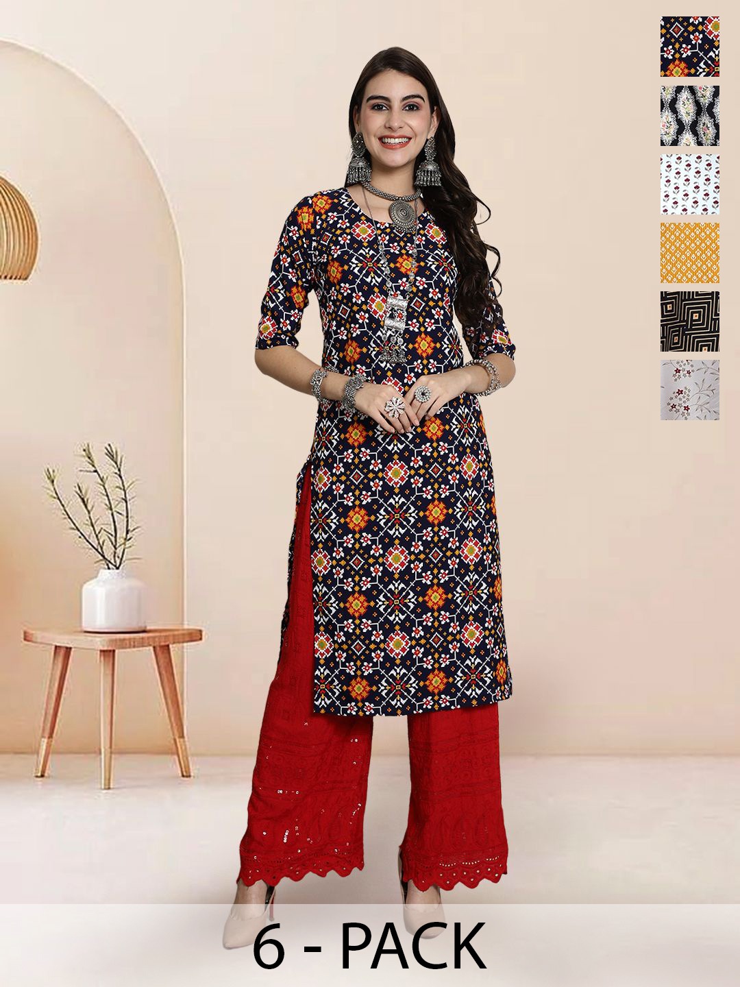 

7Threads Selection of 6 Ethnic Motifs Printed Round Neck Straight Kurtas, Black
