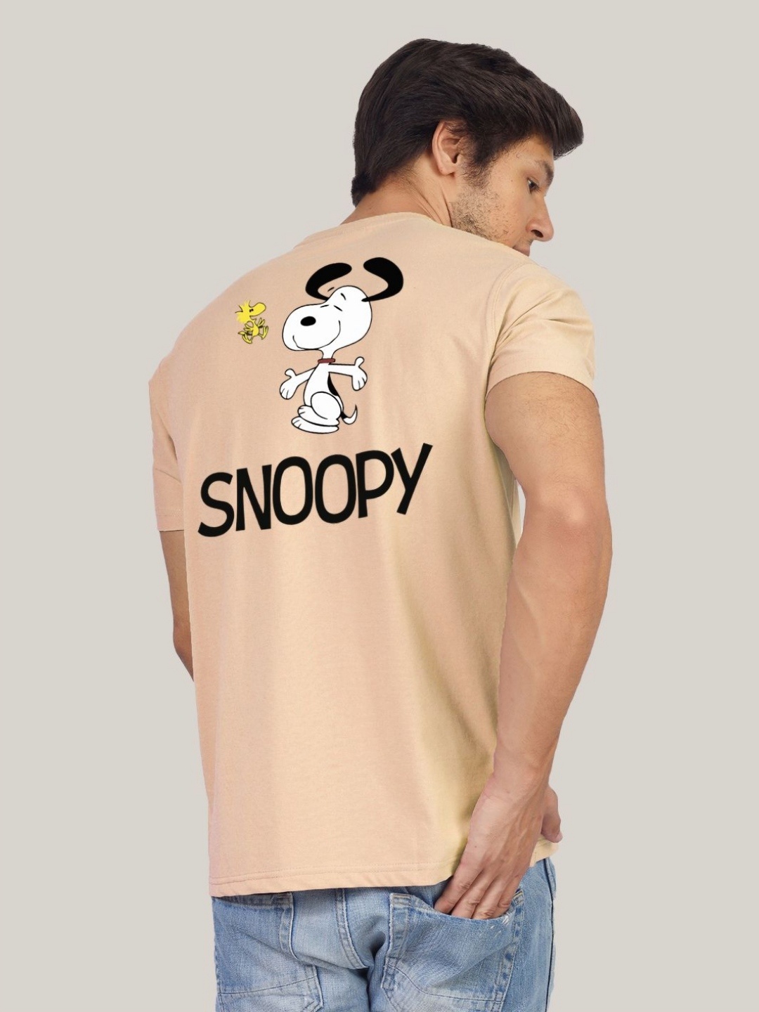 

Greylongg Men Snoopy Graphic Printed Round Neck Cotton T-shirt, Beige