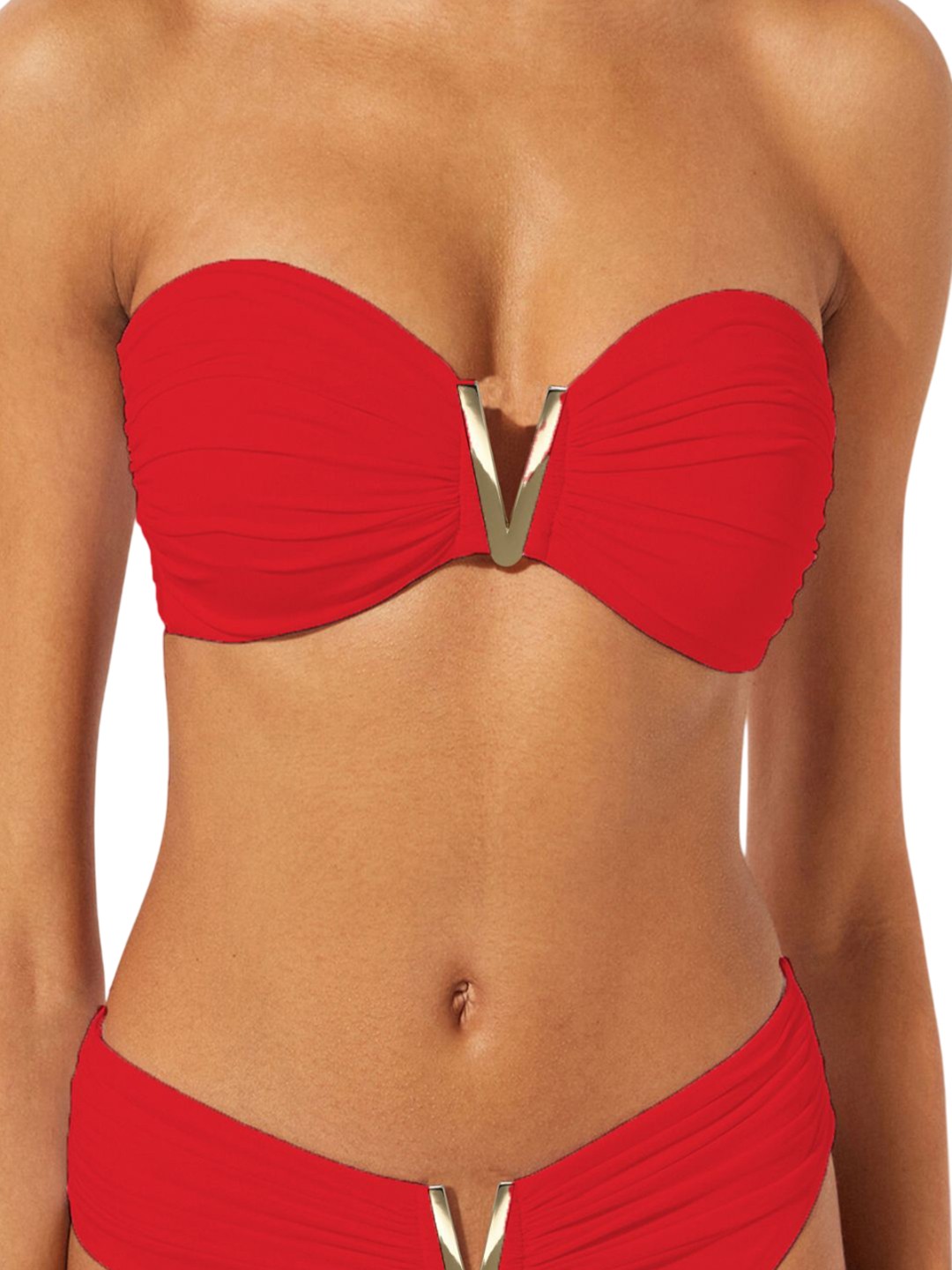 

KRENOZ Women V-Shaped Elegant Metal Buckle Swim Bikini Set, Red