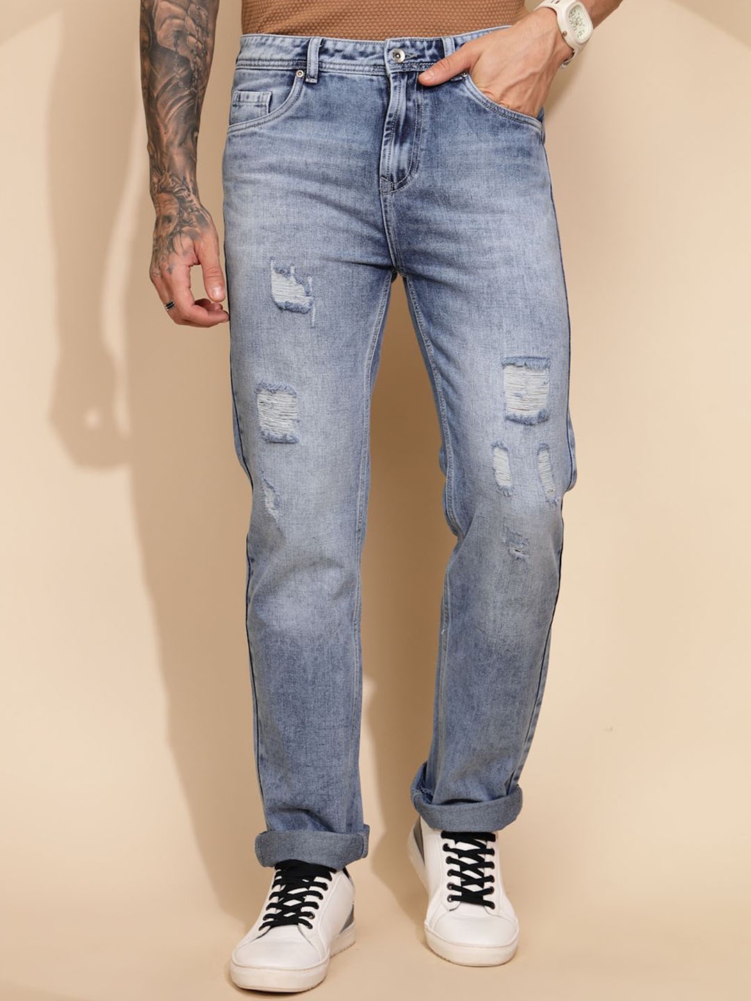 

Global Republic Men Comfort Straight Fit Mildly Distressed Heavy Fade Stretchable Jeans, Blue