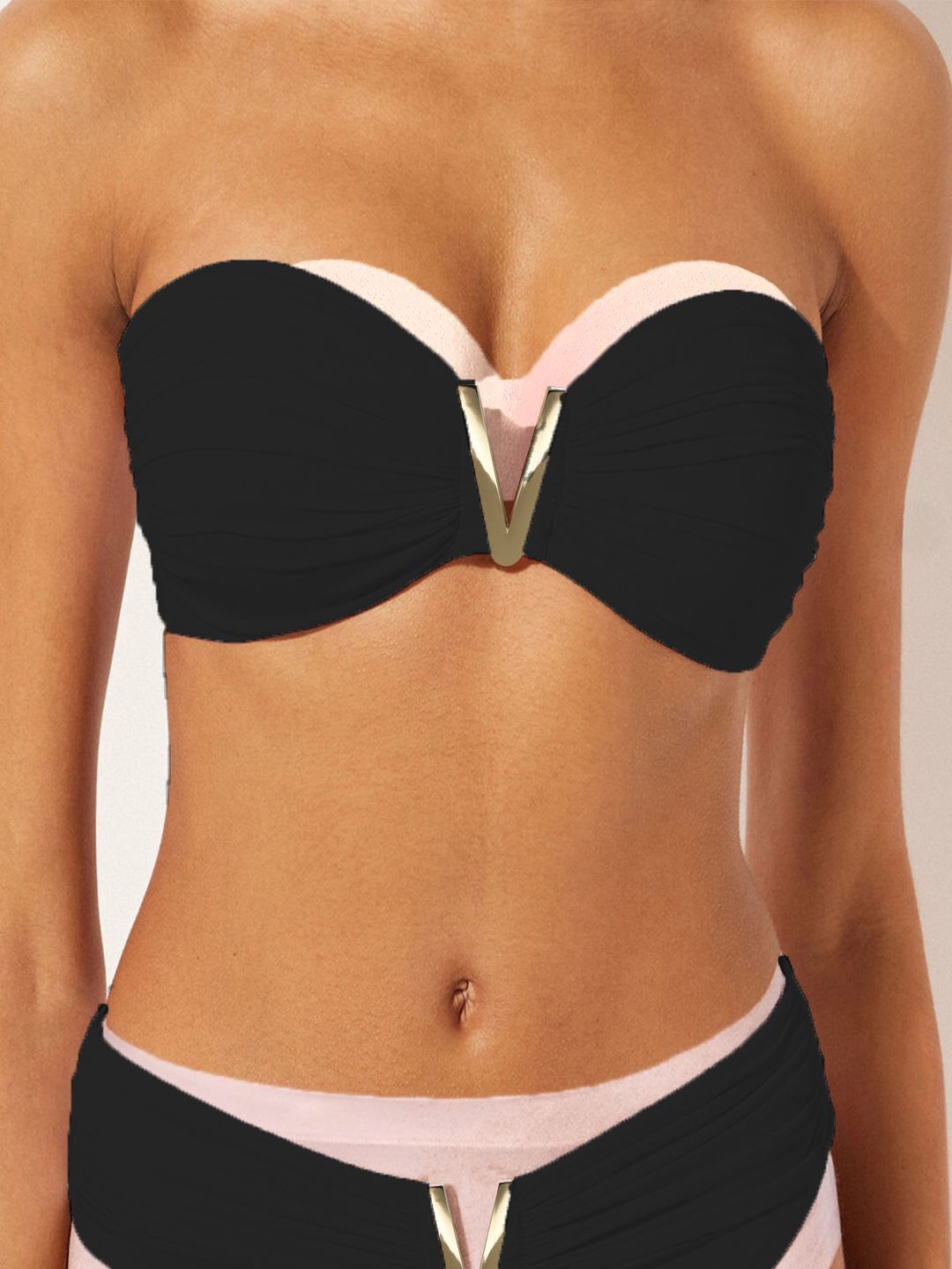 

KRENOZ Women V-Shaped Elegant Metal Buckle 2-Pcs Swim Bikini Set, Black