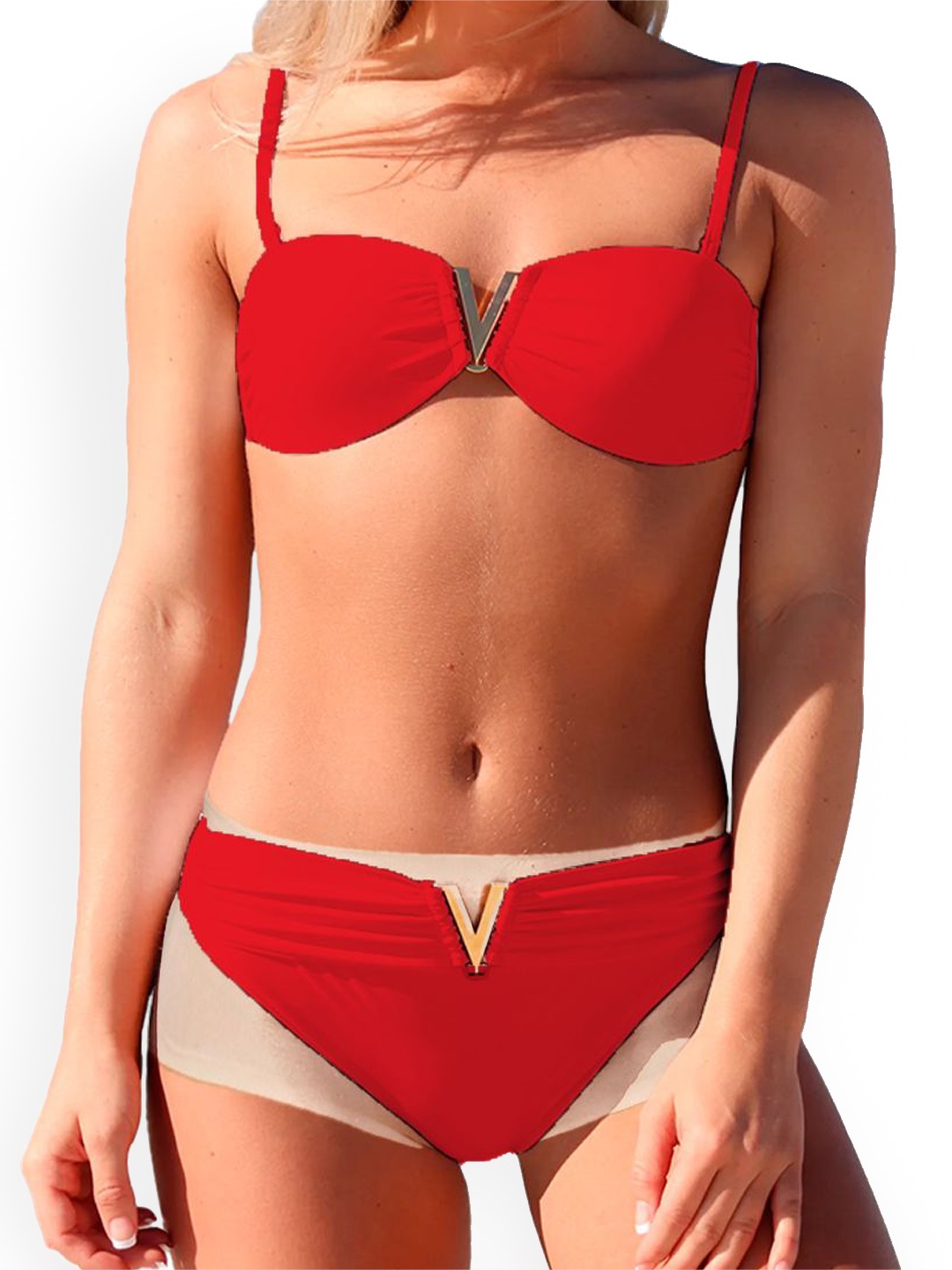 

KRENOZ V-Shaped Elegant Metal Buckle 2-Pcs Swim Bikini Set, Red