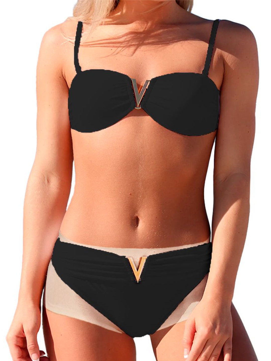 

KRENOZ Women V-Shaped Elegant Metal Buckle 2-Pcs Swim Bikini Set, Black