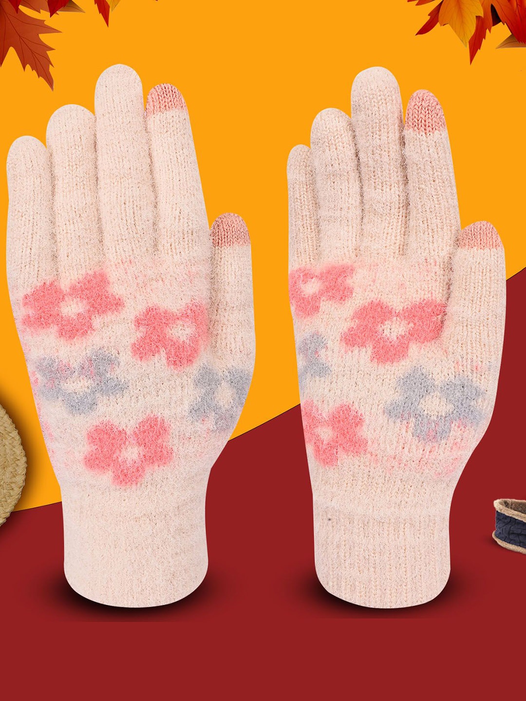 

LOOM LEGACY Women Patterned Acrylic Touchscreen Gloves, Cream