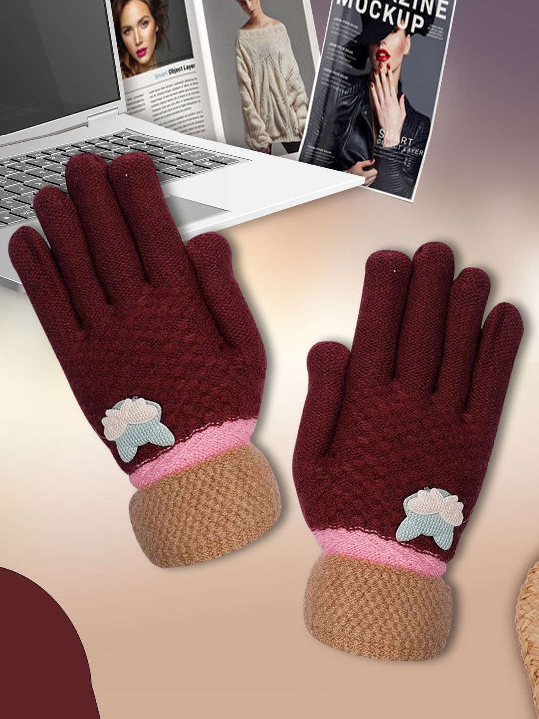 

LOOM LEGACY Women Patterned Winter Gloves, Maroon