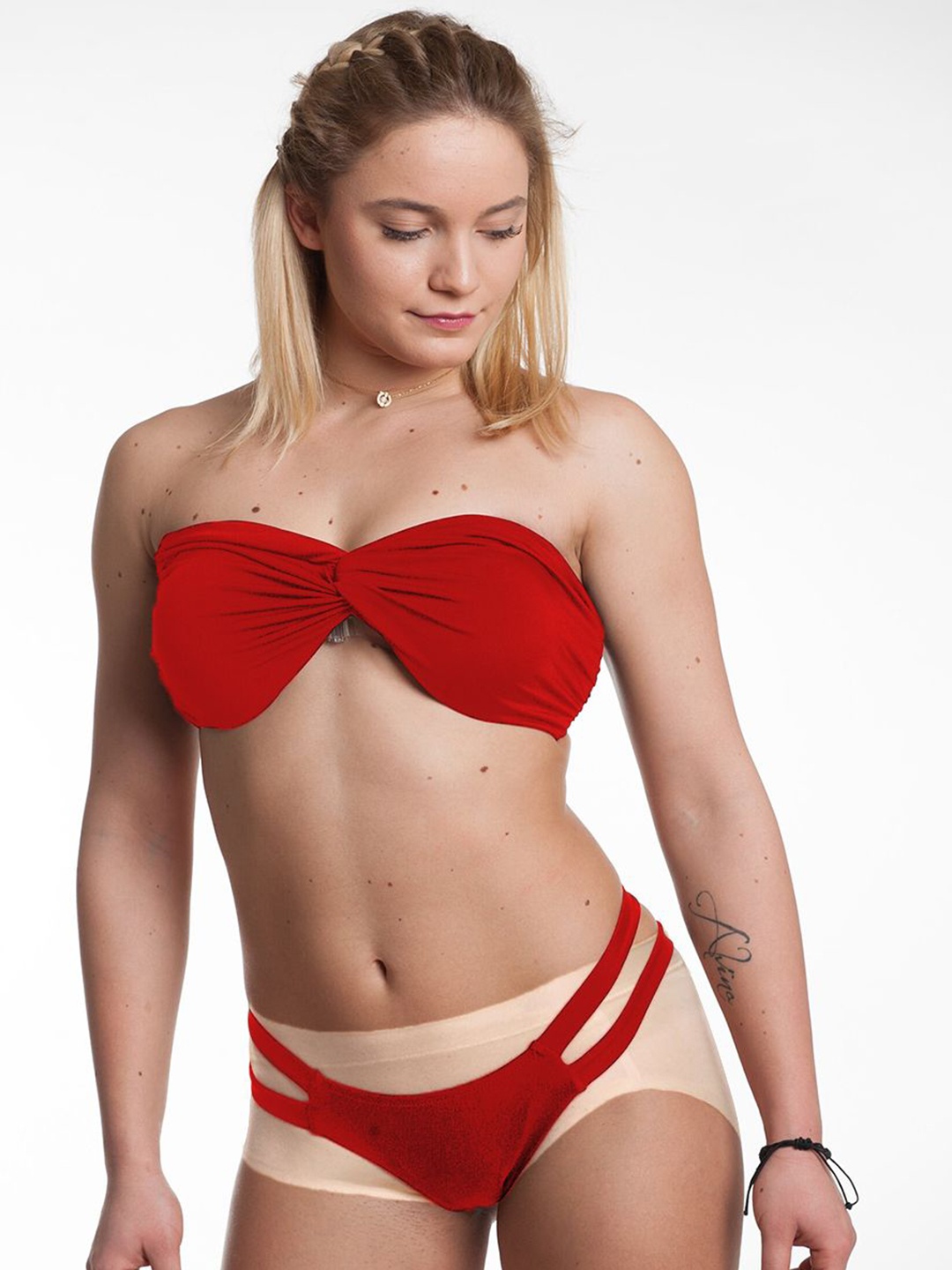 

FIMBUL Strappy Hot Bow Thong Brazilian 2-Pcs Bikini Set, Red