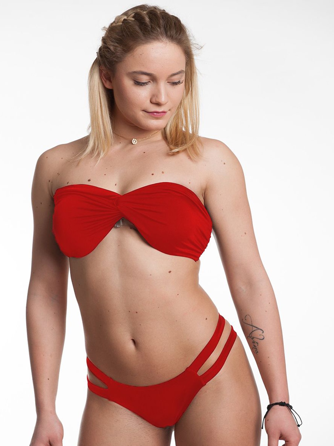 

FIMBUL Strappy Hot Bow Thong Brazilian 2-Pcs Bikini Set, Red
