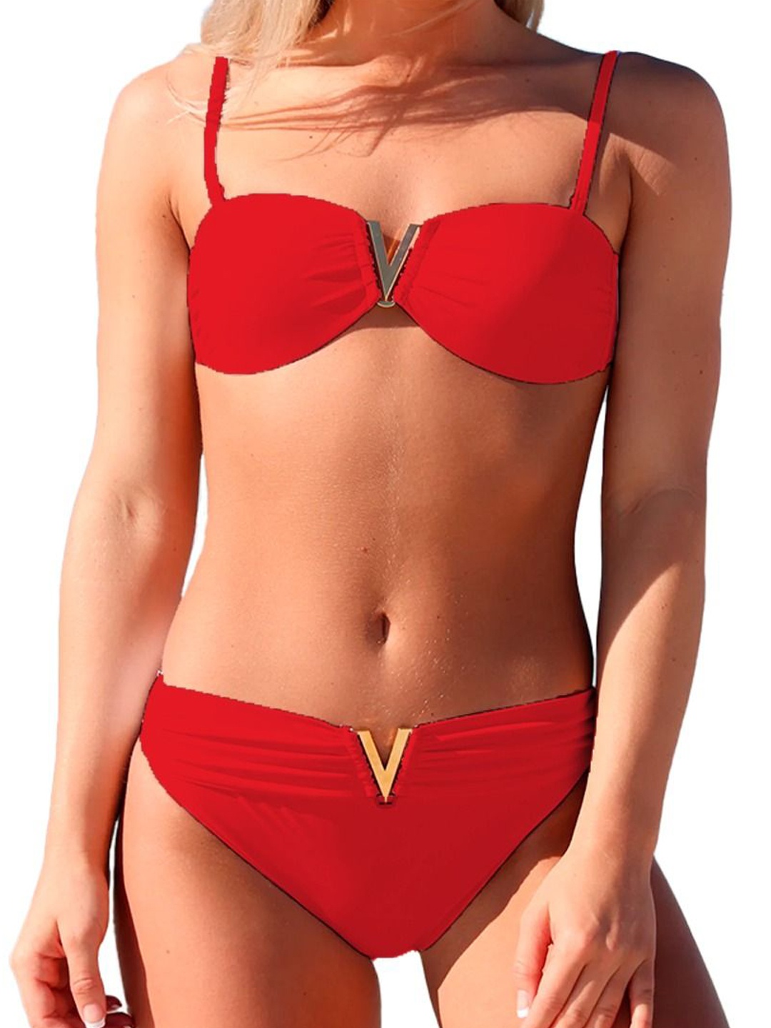 

FIMBUL Women Shoulder Straps Swim Bikini Set, Red