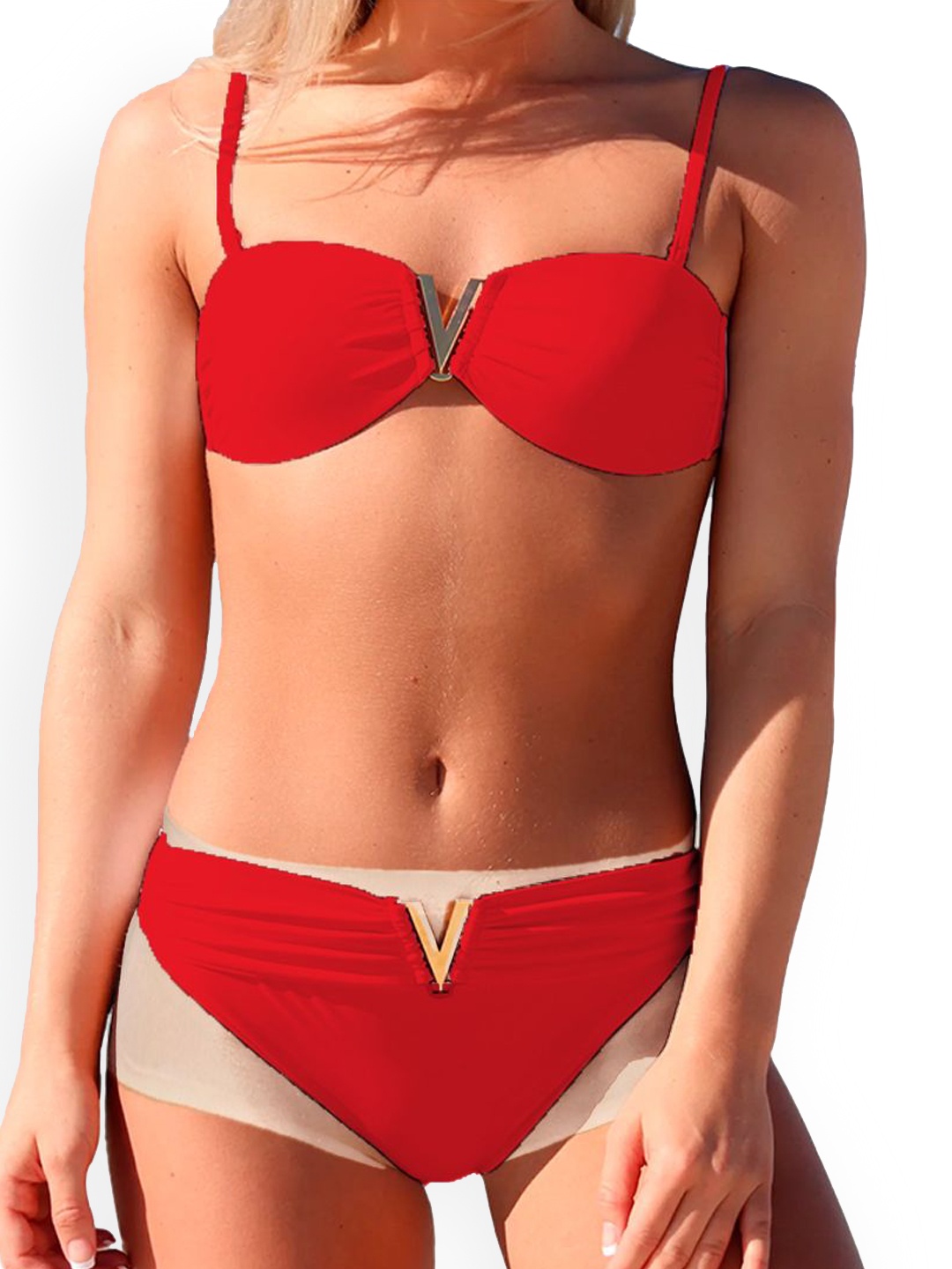 

FIMBUL Women Shoulder Strap Full Coverage Swim Bikini Set, Red