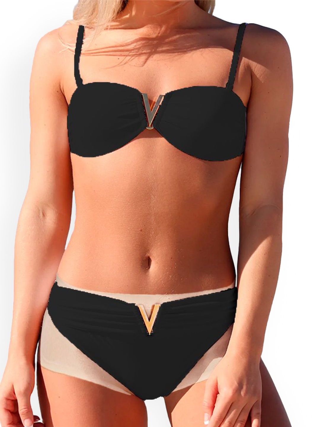 

FIMBUL Women Shoulder Straps Swim Bikini Set, Black
