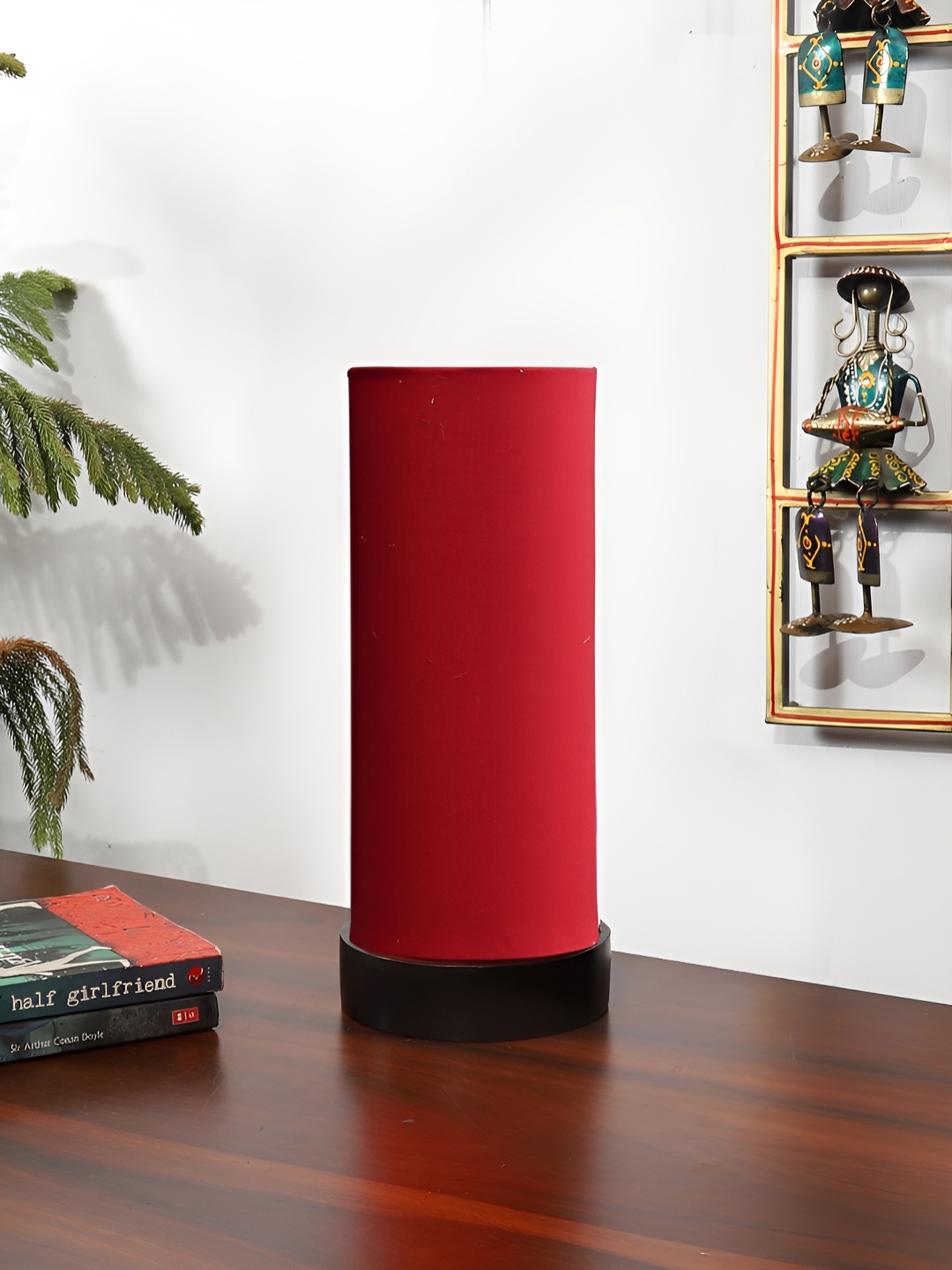 Aura Red Wood Traditional Cylindrical Shaped Table Lamp