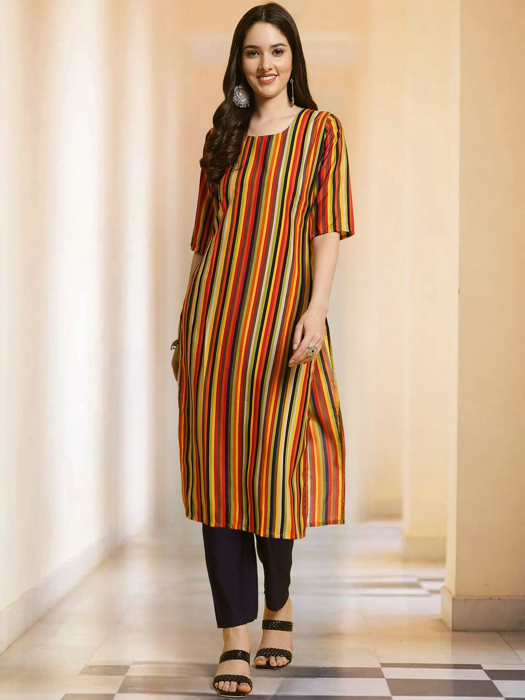 

7Threads Striped Round Neck Straight Kurta With Trouser, Orange