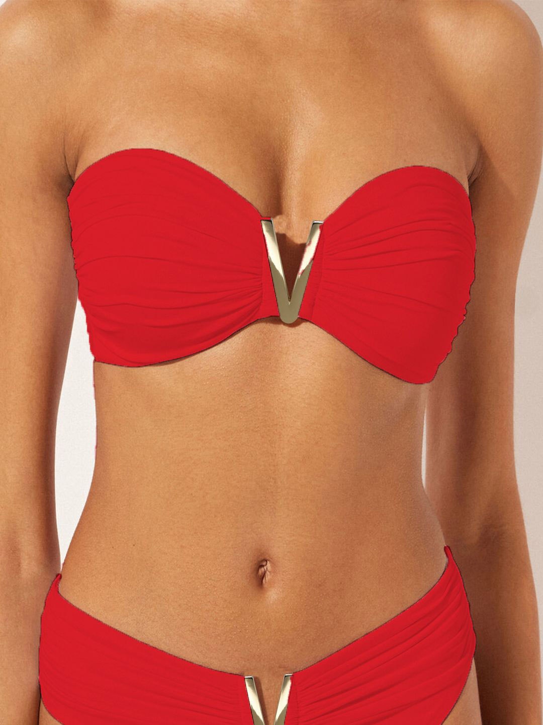 

VAGHBHATT Women Strapless V-Shaped Elegant Metal Buckle 2-Pcs Swim Bikini Set, Red
