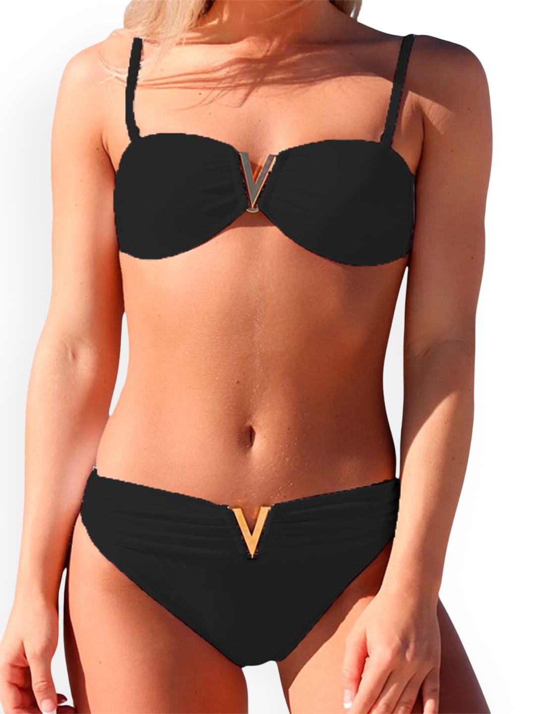 

VAGHBHATT Women V-Shaped Elegant Metal Buckle 2-Pcs Swim Bikini Set, Black
