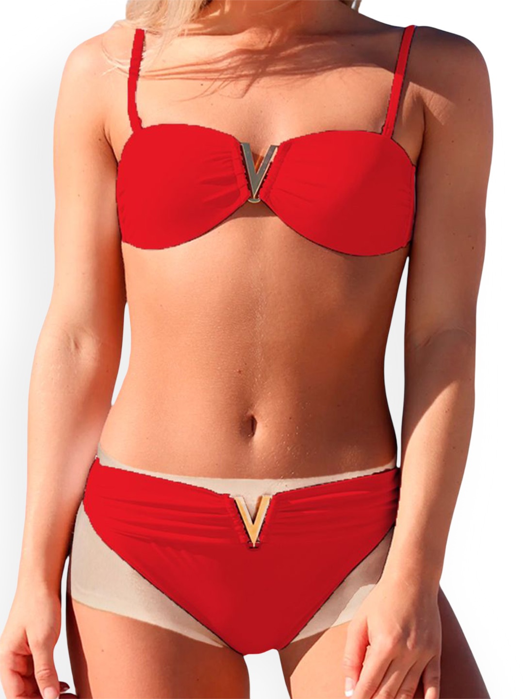 

VAGHBHATT V-Shaped Elegant Metal Buckle 2-Pcs Swim Bikini Set, Red