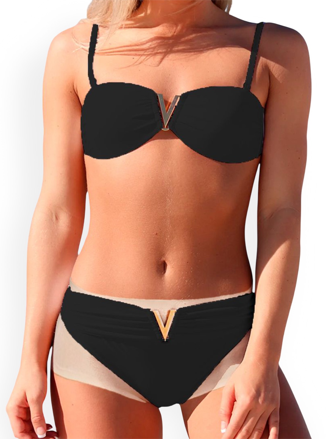 

VAGHBHATT Women V-Shaped Elegant Metal Buckle 2-Pcs Swim Bikini Set, Black