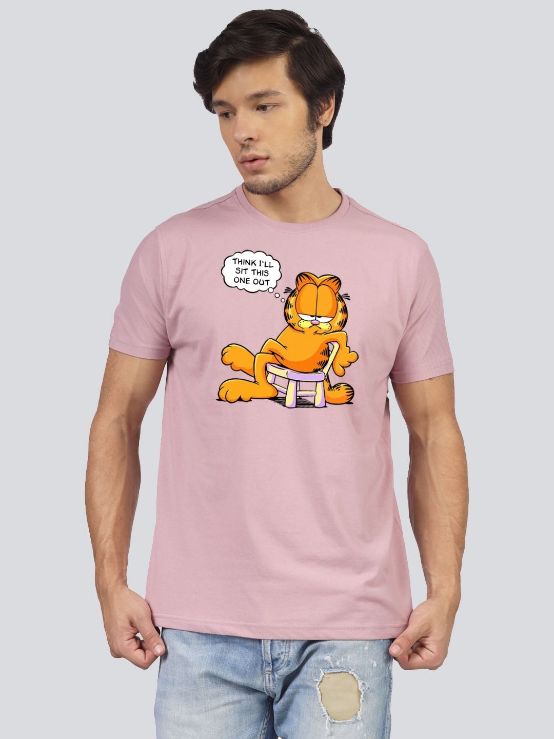 

Greylongg Men Garfield Graphic Printed Round Neck Cotton T-shirt, Pink