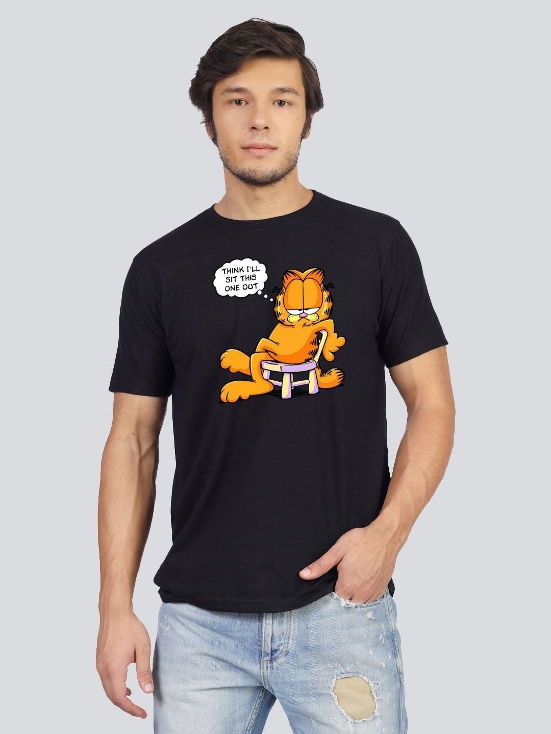 

Greylongg Men Garfield Graphic Printed Round Neck Cotton T-shirt, Black