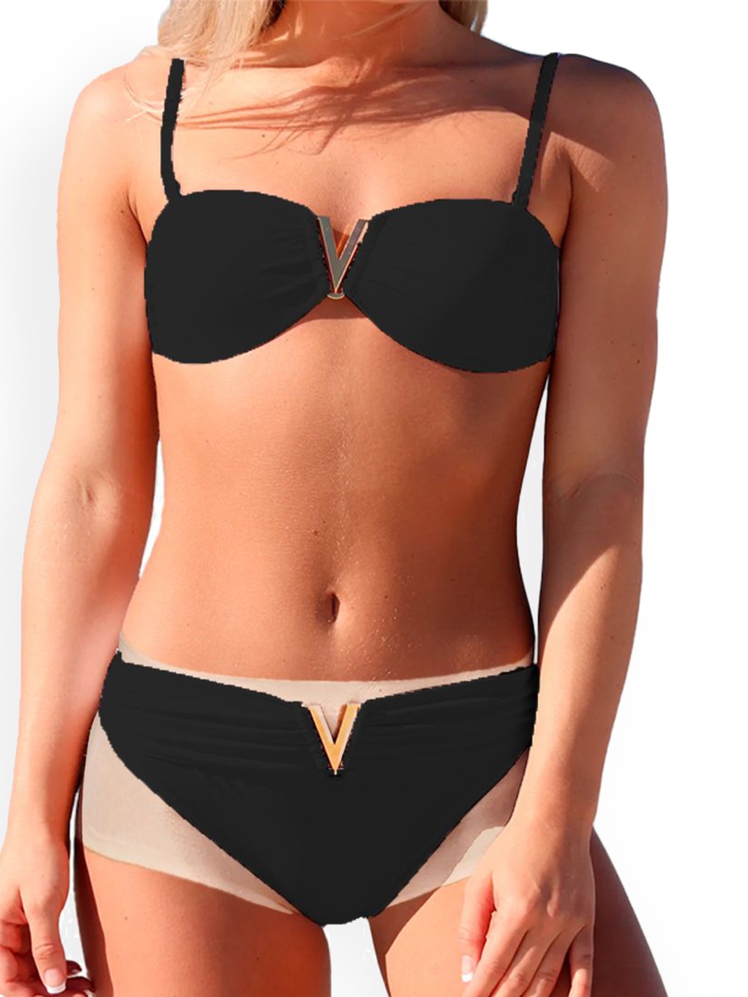 

Krelin Women Shoulder Straps Swim Bikini Set, Black