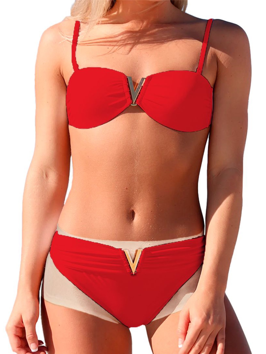 

Krelin Women Shoulder Straps Swim Bikini Set, Red