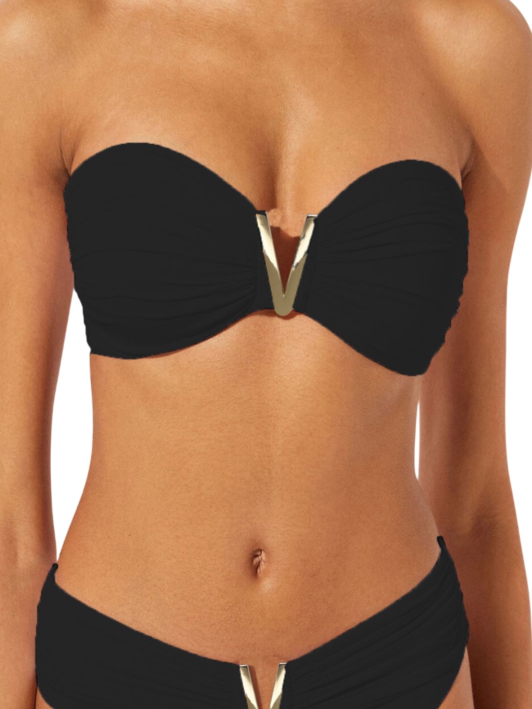 

Krelin Women Strapless V-Shaped Metal Buckle Swim Bikini Set, Black