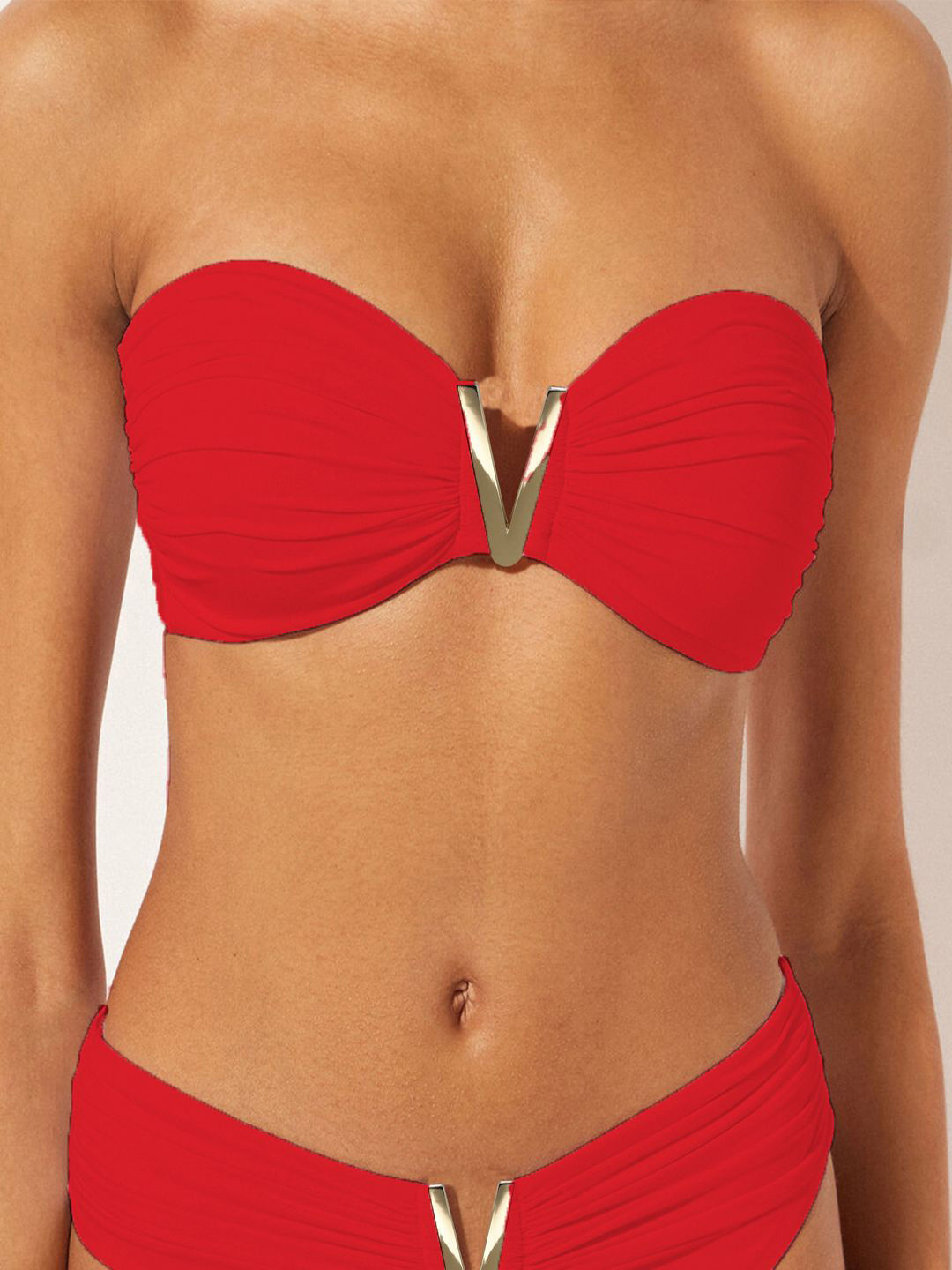 

Krelin Women Strapless V-Shaped Metal Buckle Swim Bikini Set, Red