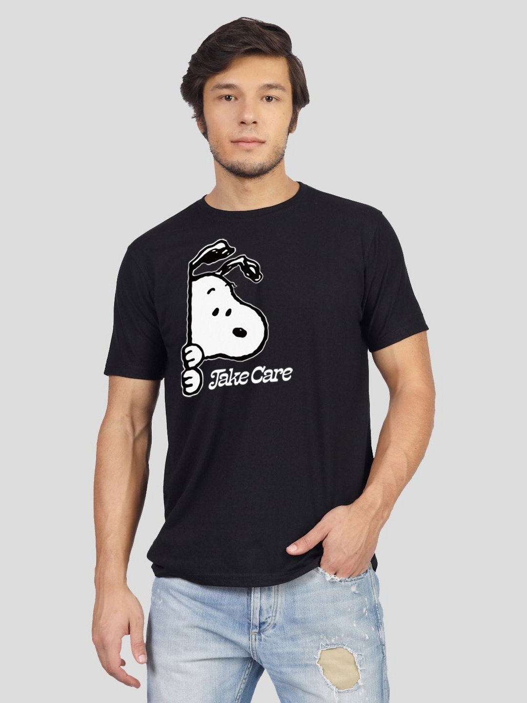 

Greylongg Men Snoopy Graphic Printed Round Neck Cotton T-shirt, Black
