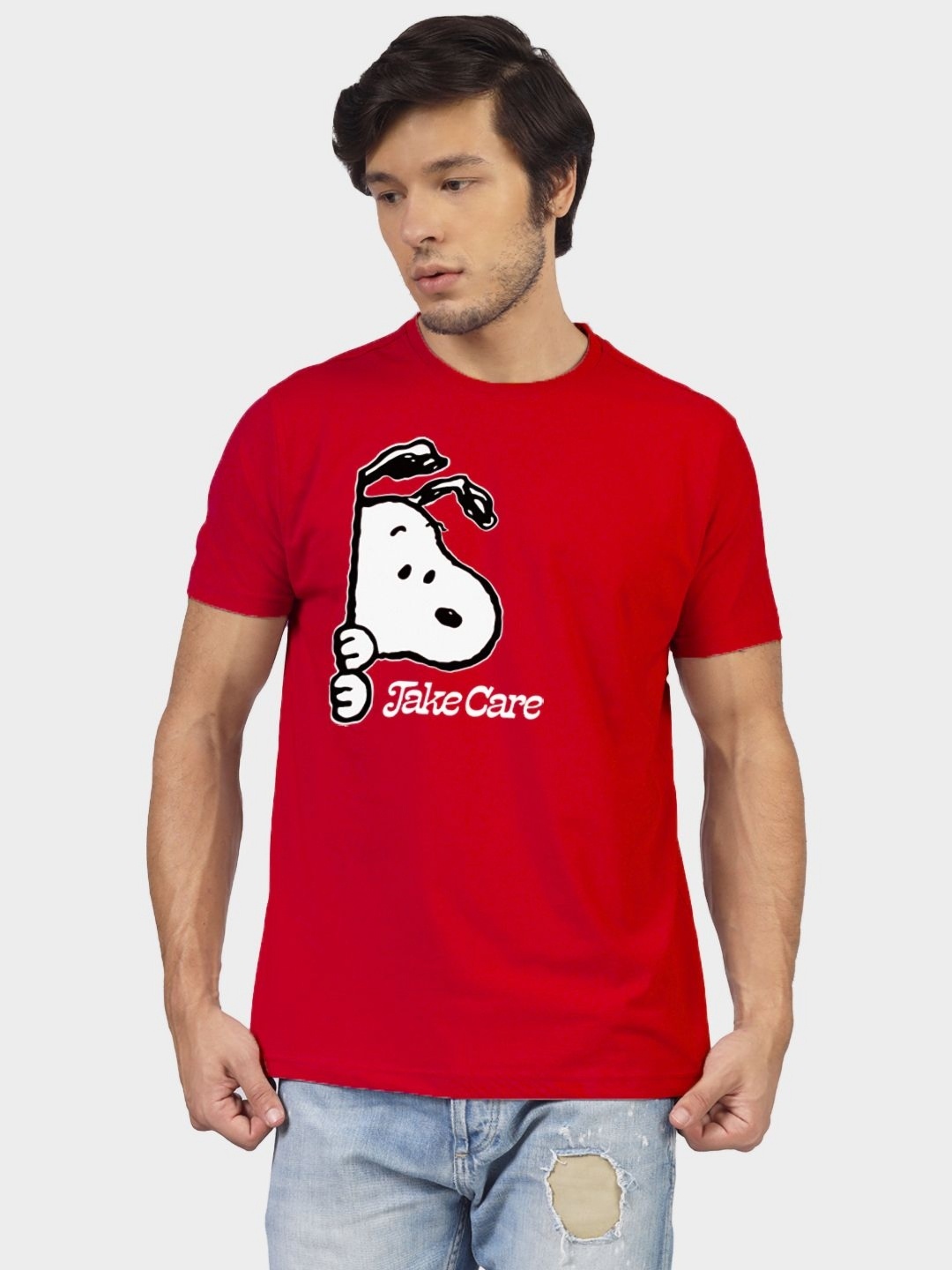 Greylongg Men Snoopy Graphic Printed Round Neck Cotton T-shirt, Red