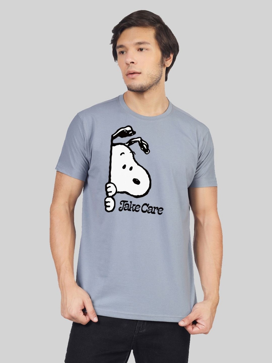 Greylongg Men Snoopy Graphic Printed Round Neck Cotton T-shirt, Grey