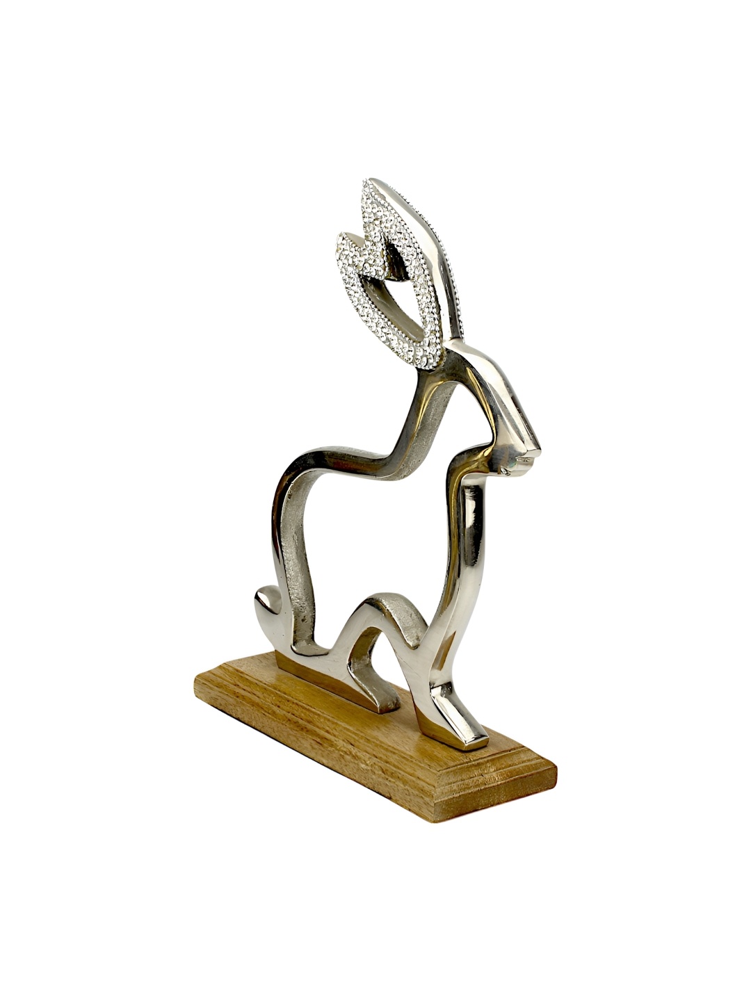 

Hind Decor Silver Toned Bunny On Wooden Base Figurine Showpiece