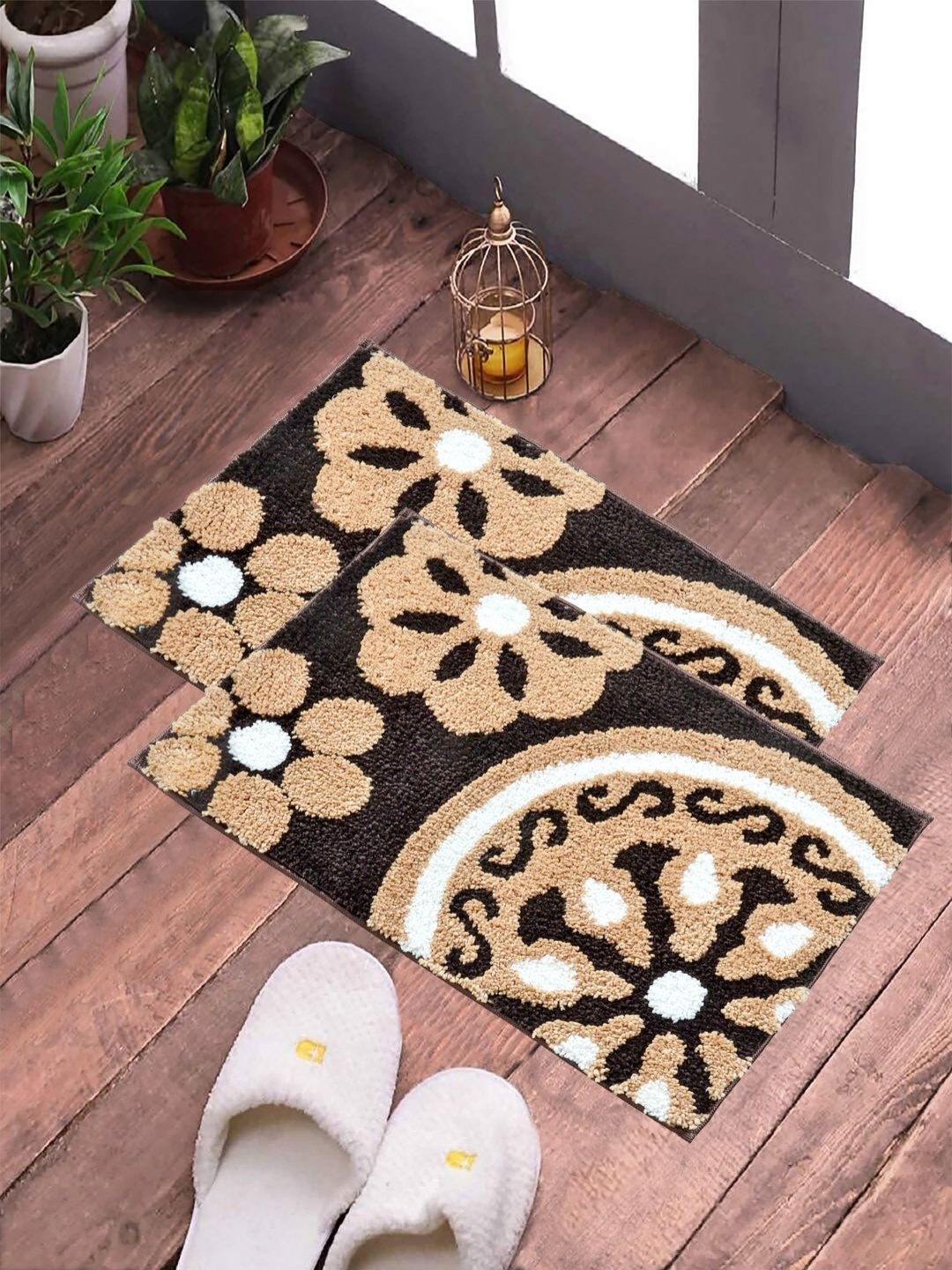 

FABINALIV Brown & White 2 Pieces Floral Printed Anti Slip Doormats